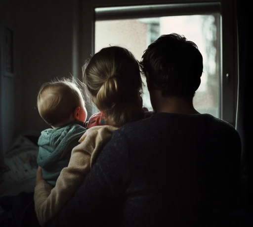 Back of heads of a man, woman and baby in shadow