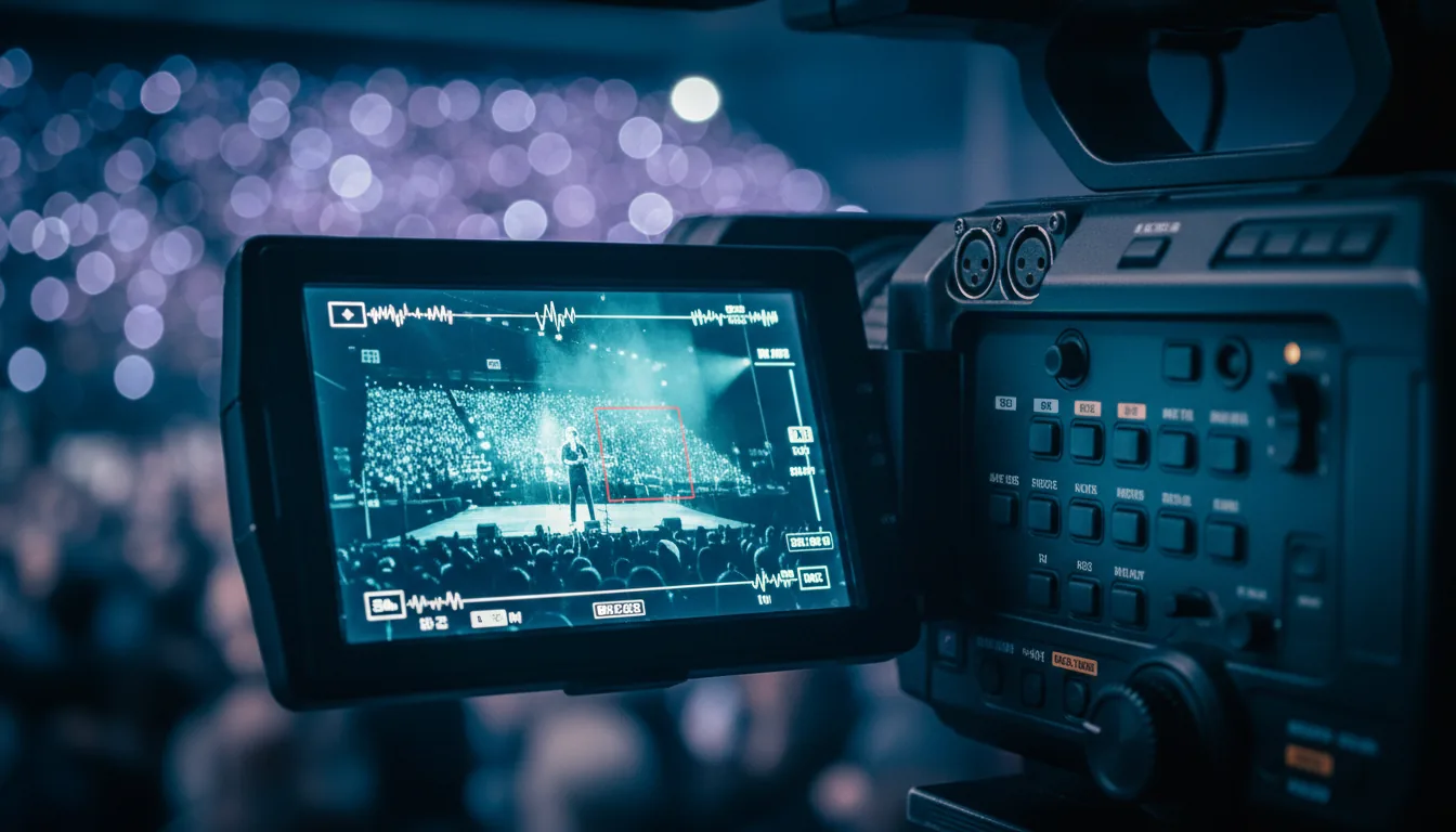 DSLR photography, a detailed close-up shot focusing on the side of a professional black broadcast video camera during a live event. The illuminated flip-out LCD screen is the central point of interest, displaying a scene from a stage with a teal-blue tint and abstracted technical UI elements. Next to the screen, the camera's control panel with various buttons and audio switches is in sharp focus. The lighting is cinematic contrast, featuring a cool, moody blue color grade. The background is completely out of focus, creating a beautiful bokeh effect with bright, blurry lights and the faint silhouettes of an audience. Shallow depth of field, emphasizing the matte texture of the camera hardware.