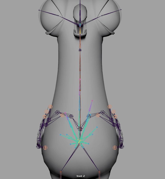 Full character rig view showing the seagull skeleton, control curves and joint hierarchy through the body and legs.