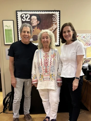 Steven Pressman, Nora Guthrie, daughter of Woody, and Lisa Stark at the offices of Woody Guthrie Publications in Mt. Kisco, N.Y. Photo courtesy of PerlePress Productions.