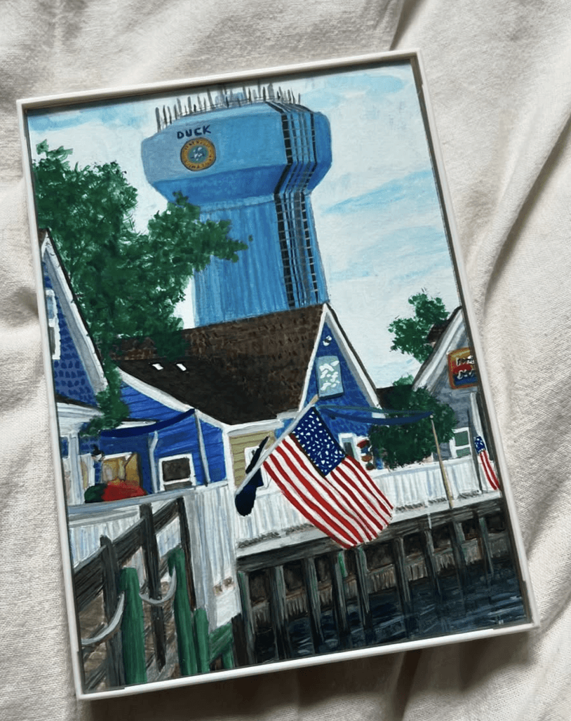Painting of a blue water tower above a building with American flags