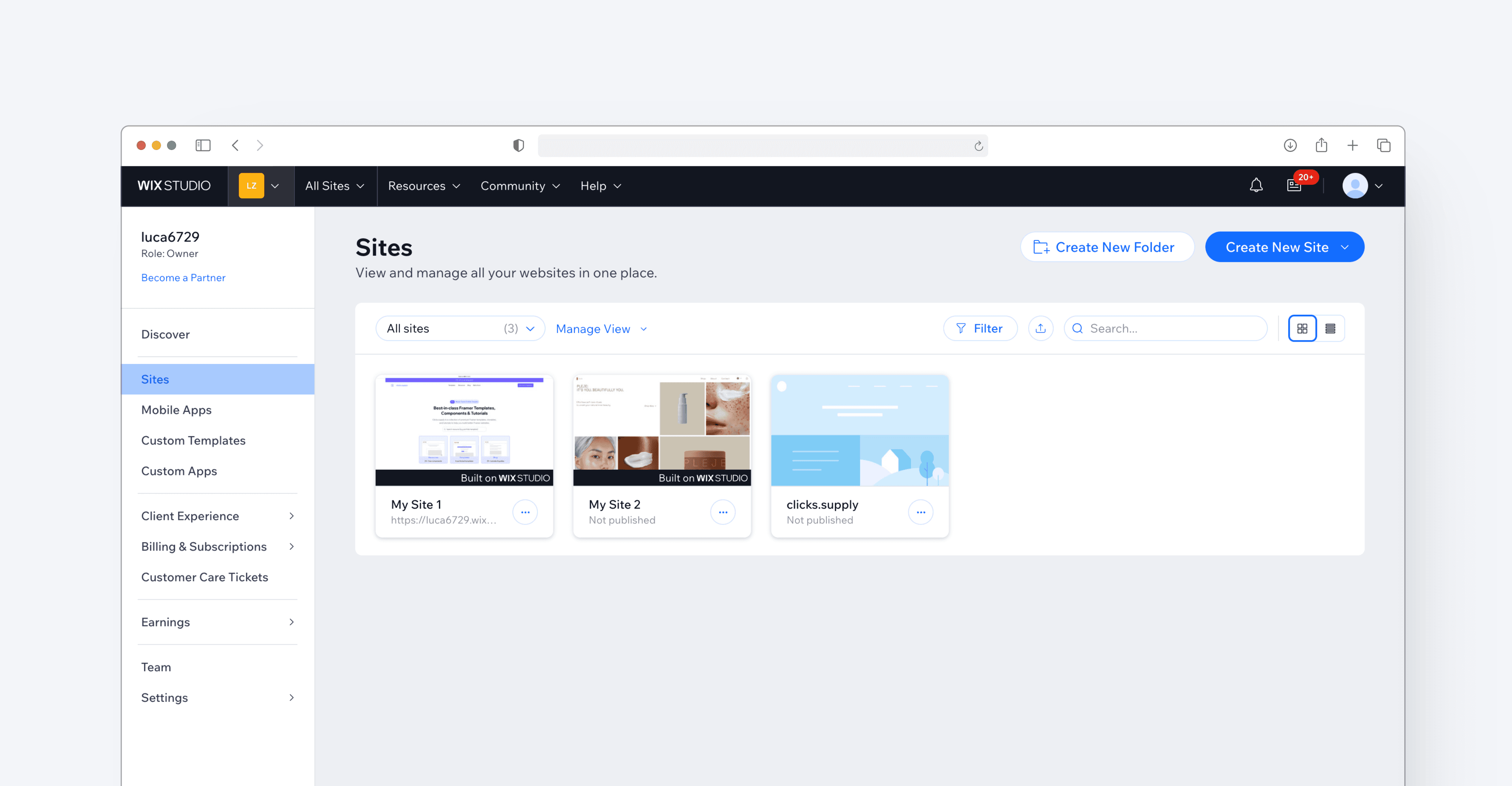 Wix studio dashboard