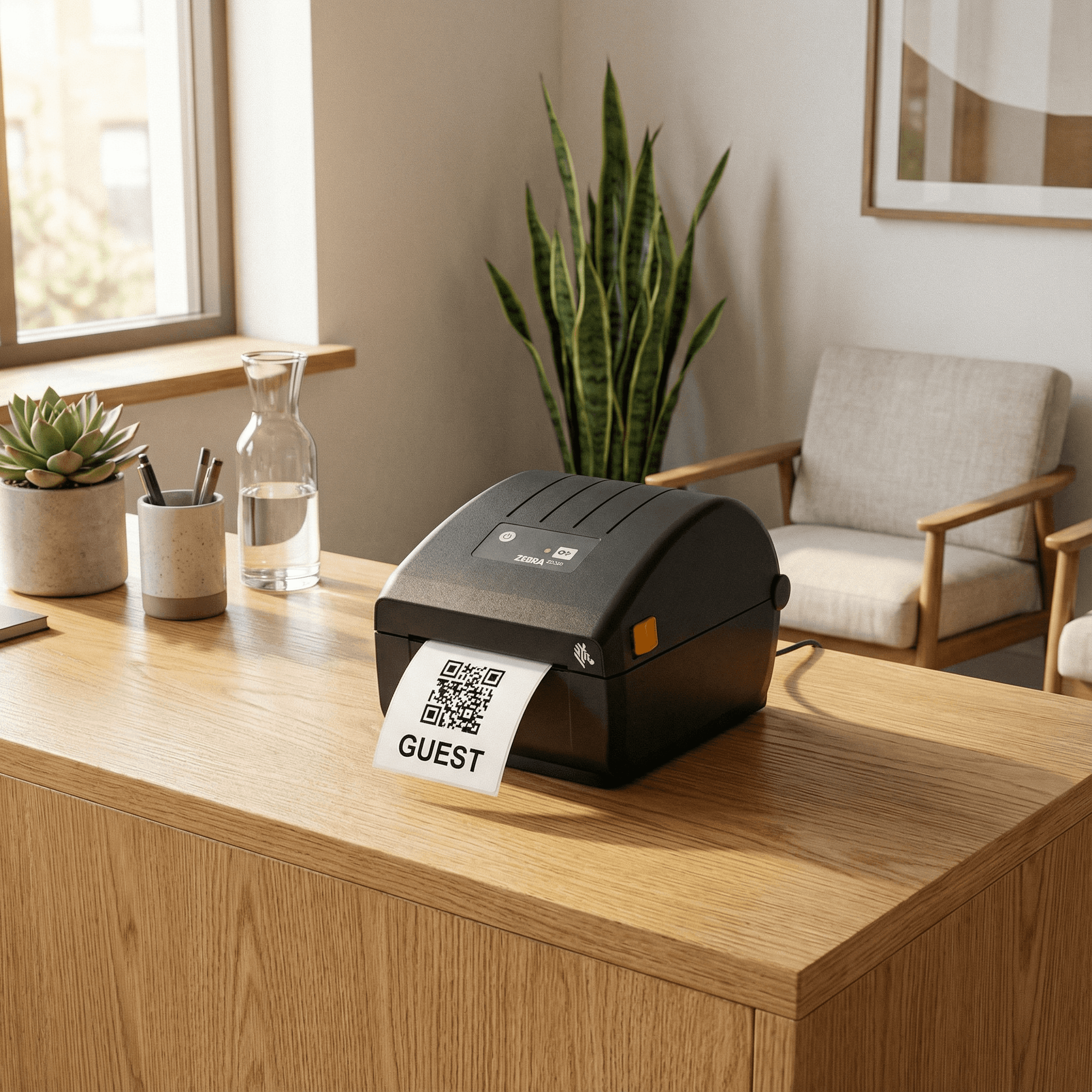 Zebra ZD220 Drucker am Empfang druckt Besucherausweis über anny aus