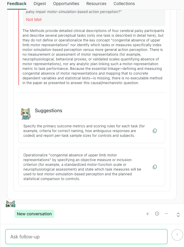 Screenshot of thesify methods section feedback showing Research Question Alignment suggestions provided under a Not Met check.