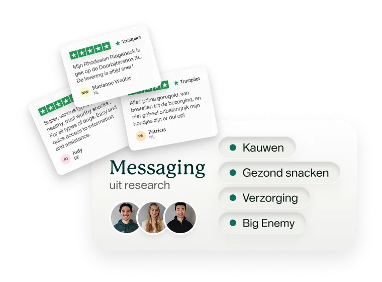 Messaging uit research met klantreviews en categorieën Kauwen, Gezond snacken, Verzorging, Big Enemy