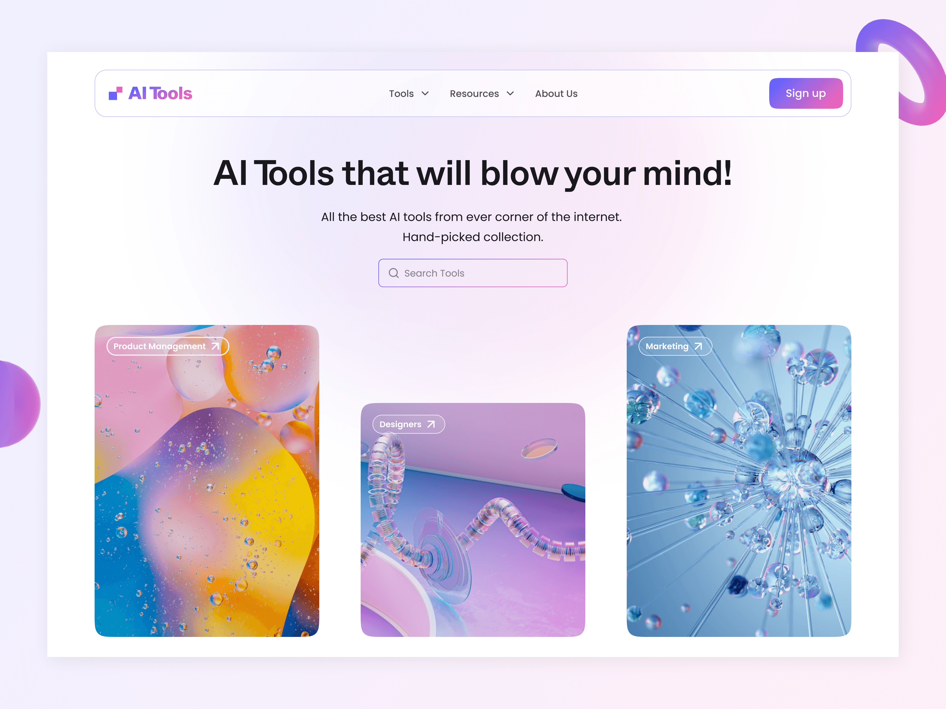 Concept design for a website showcasing all AI Tools.