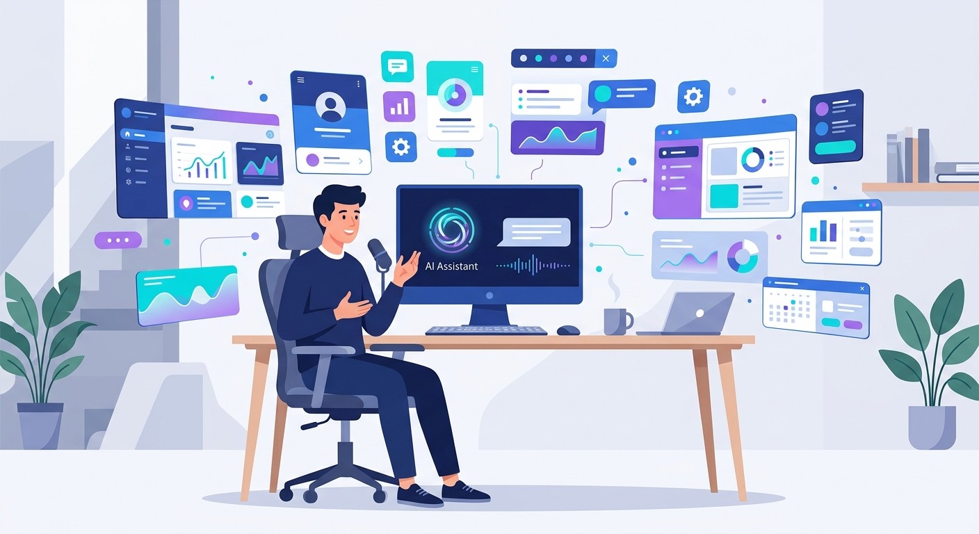 Person at a desk talking to an AI assistant with app screens assembling automatically around them.