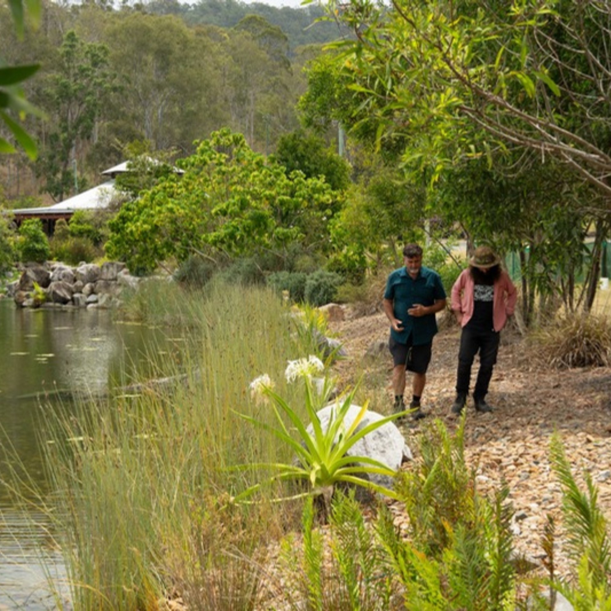 Two people walking the planted edge of a lake