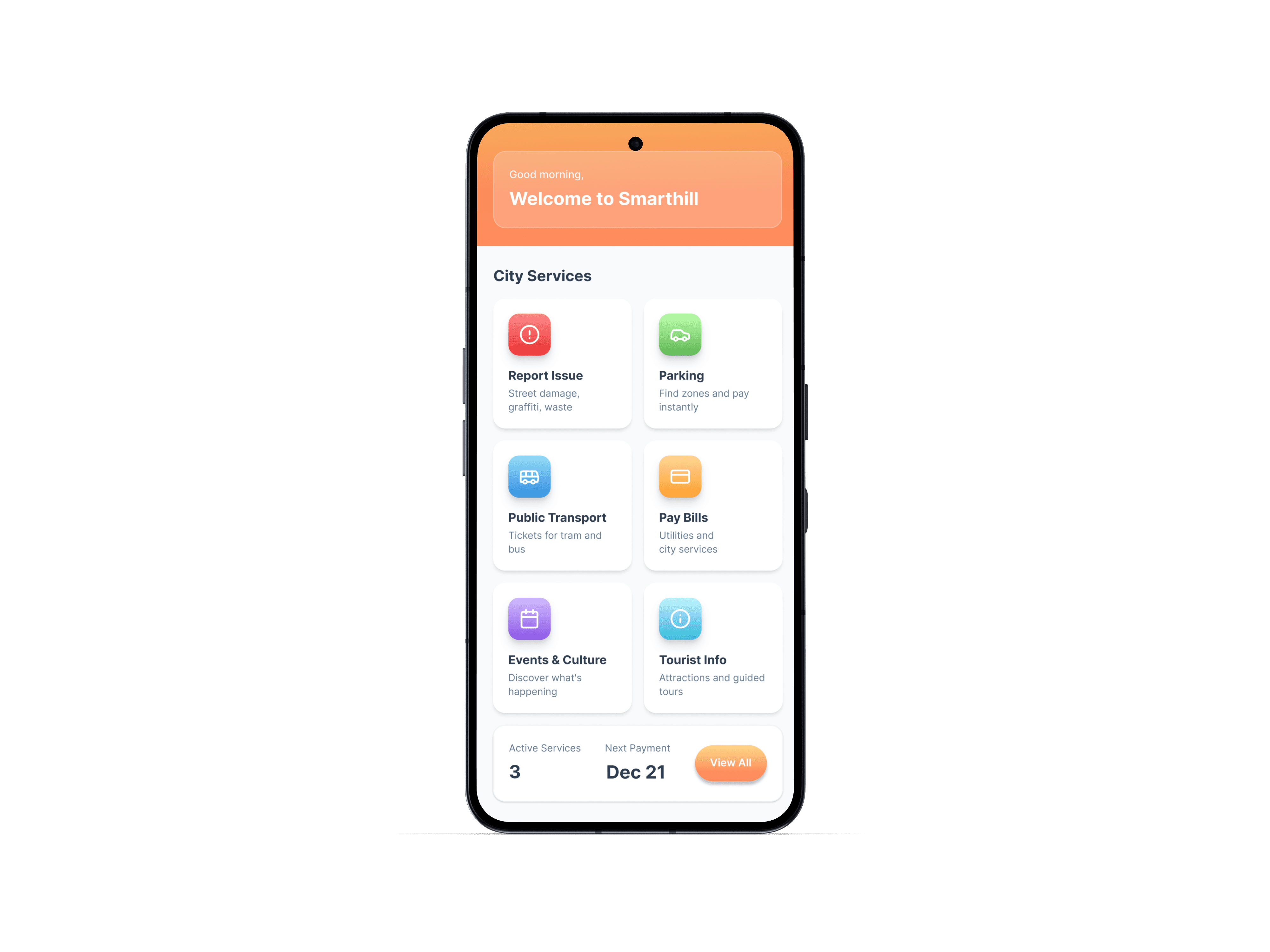 the GoSmarthill mobile app showing city services dashboard