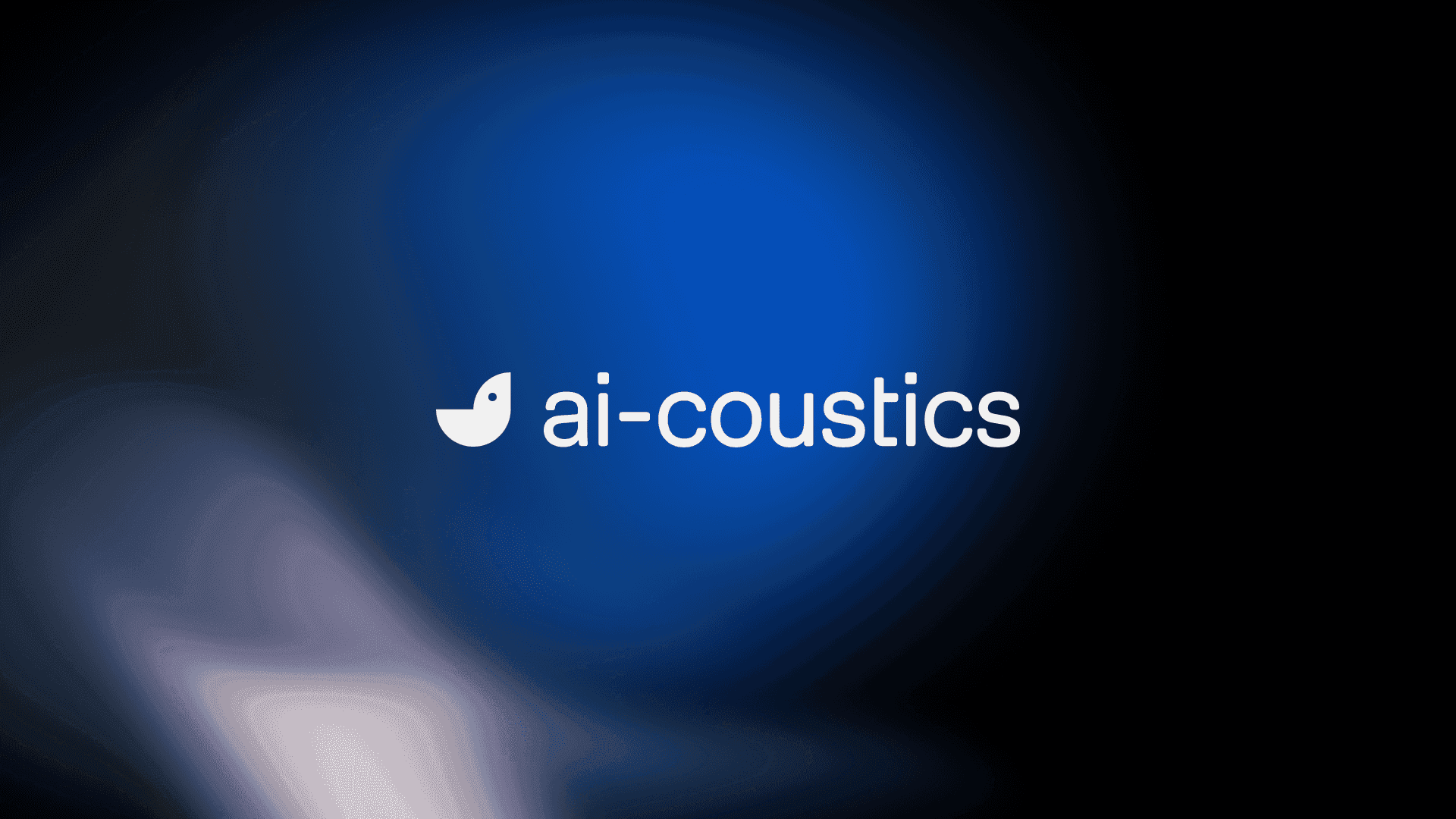 White ai-coustics wordmark and bird mark centred on a black field with electric-blue glow
