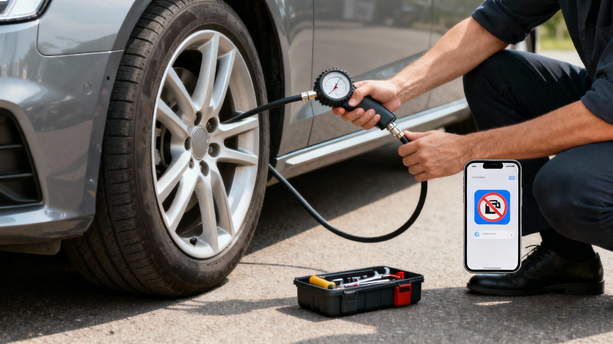 A person kneels, checking a grey car's tire pressure with a gauge, with a toolbox and a phone displaying a 'no fuel' icon nearby.