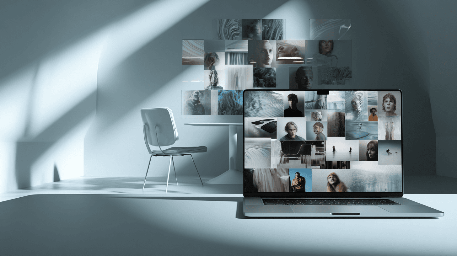 Laptop on a clean desk next to modern decor.