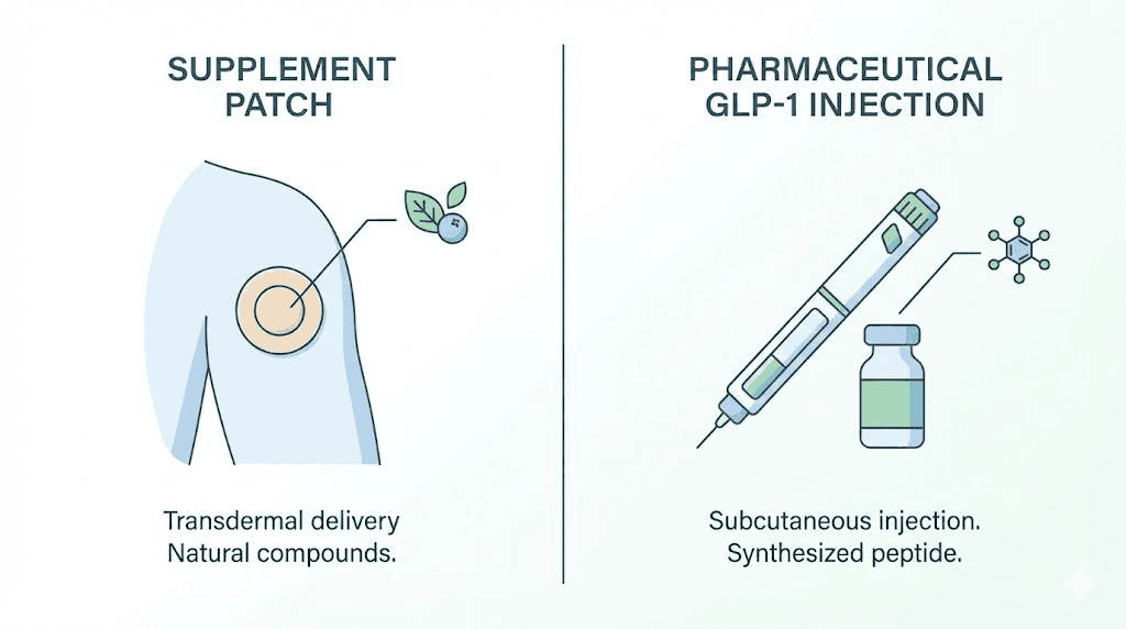 Onmorlo GLP-1 supplement patch compared to prescription GLP-1 injection