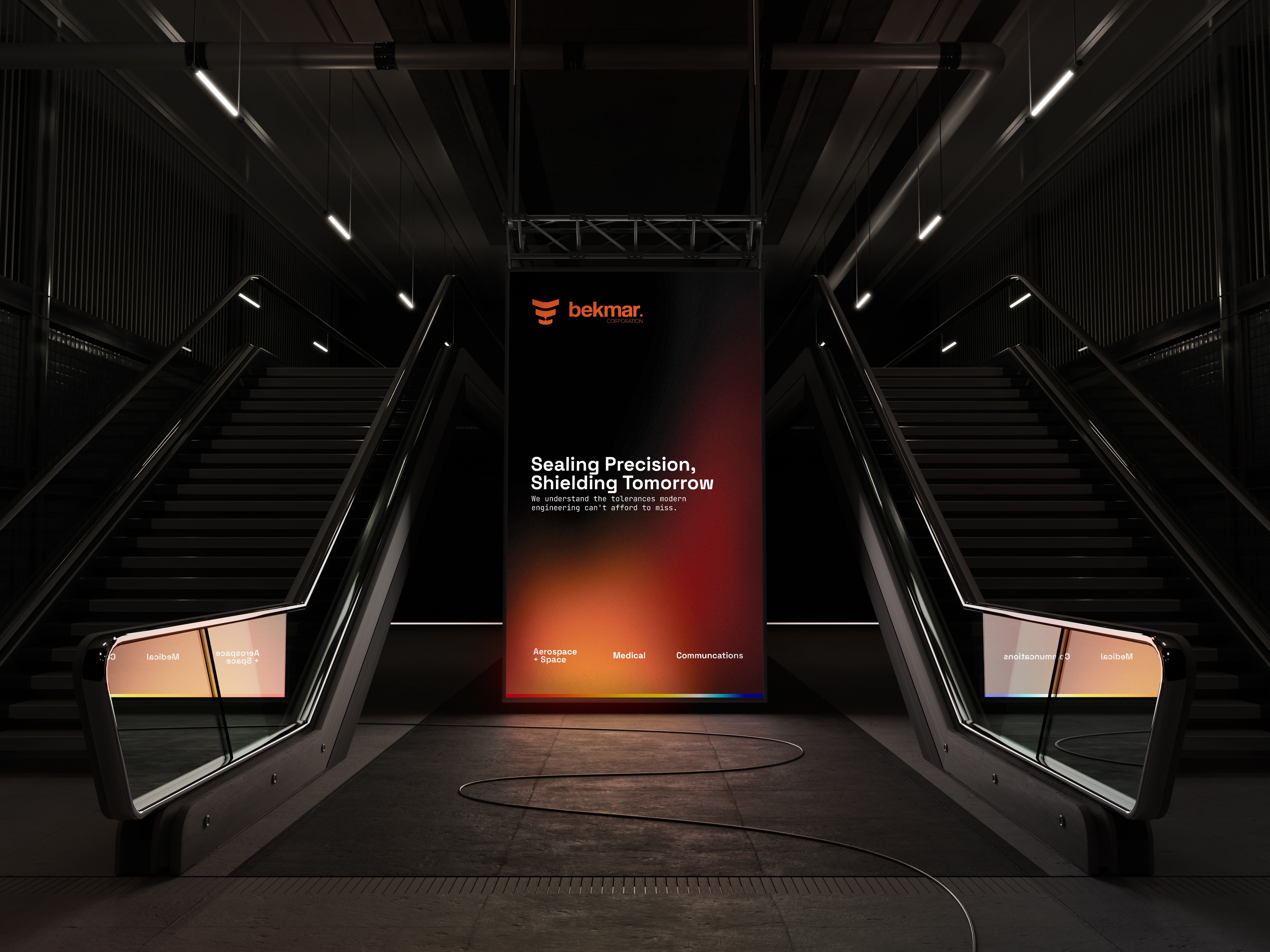Bekmar brand banner displayed between escalators in a dark transit hall