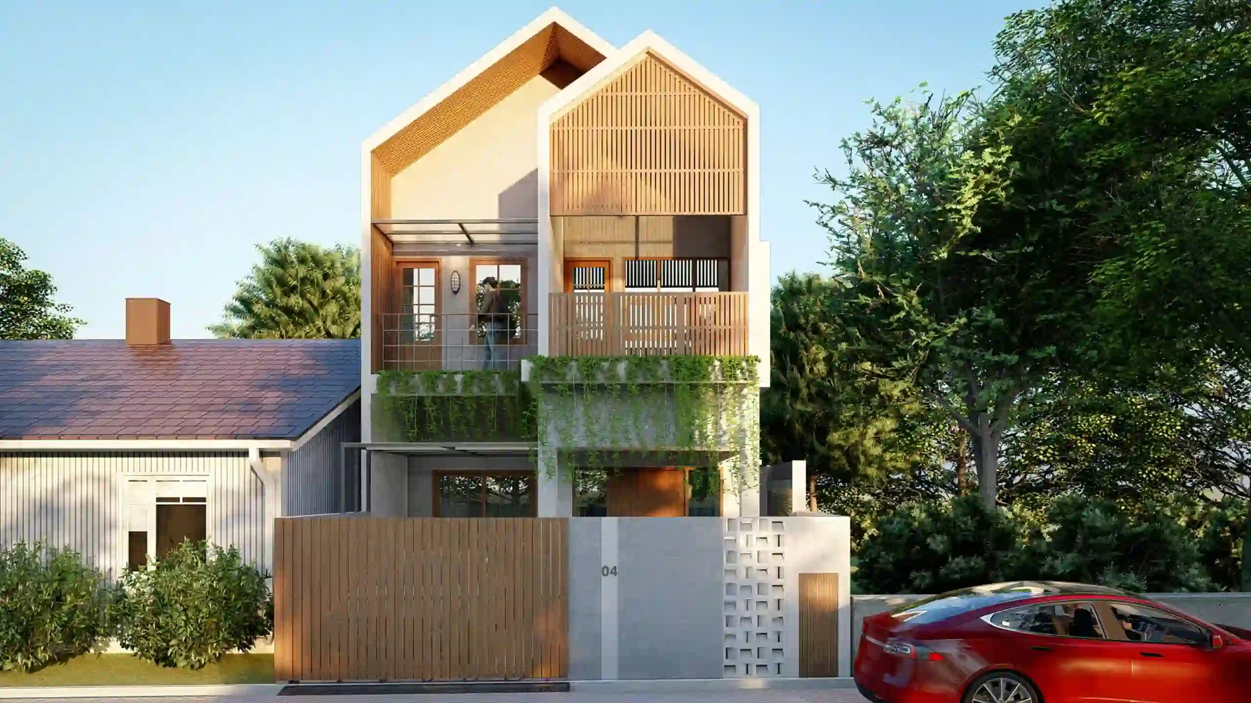 Line House - Rumah mikro berkonsep industrial - Bantul, Yogyakarta - Tampak Depan Bangunan di Pagi Hari