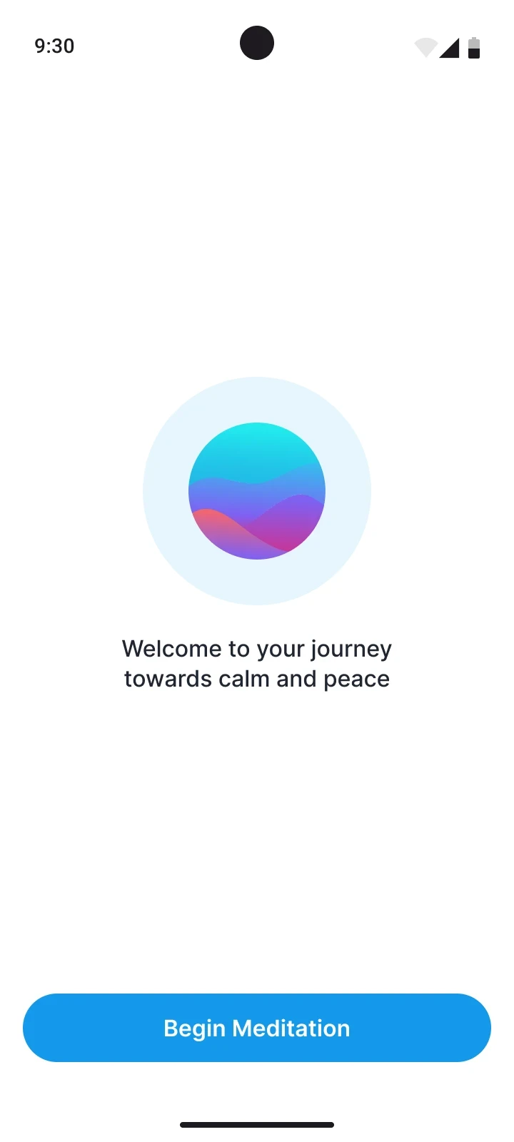 Final onboarding screen with a Begin Meditation button