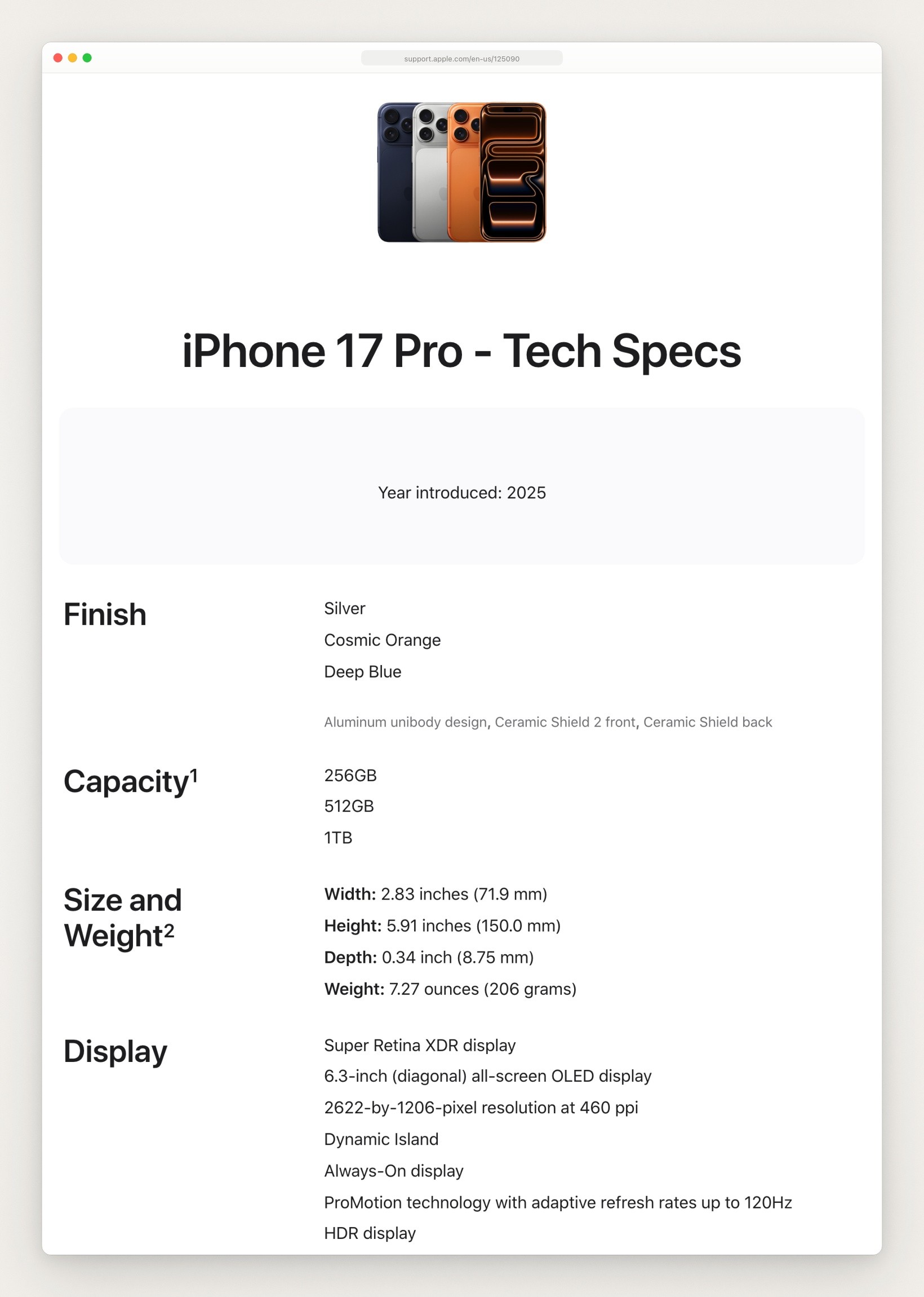 Apple’s iPhone 17 Pro tech specs: Finish lists Silver, Cosmic Orange and Deep Blue, Size shows 71.9 by 150.0 by 8.75 millimeters, and Display shows a 6.3-inch OLED screen at 2622 by 1206 pixels