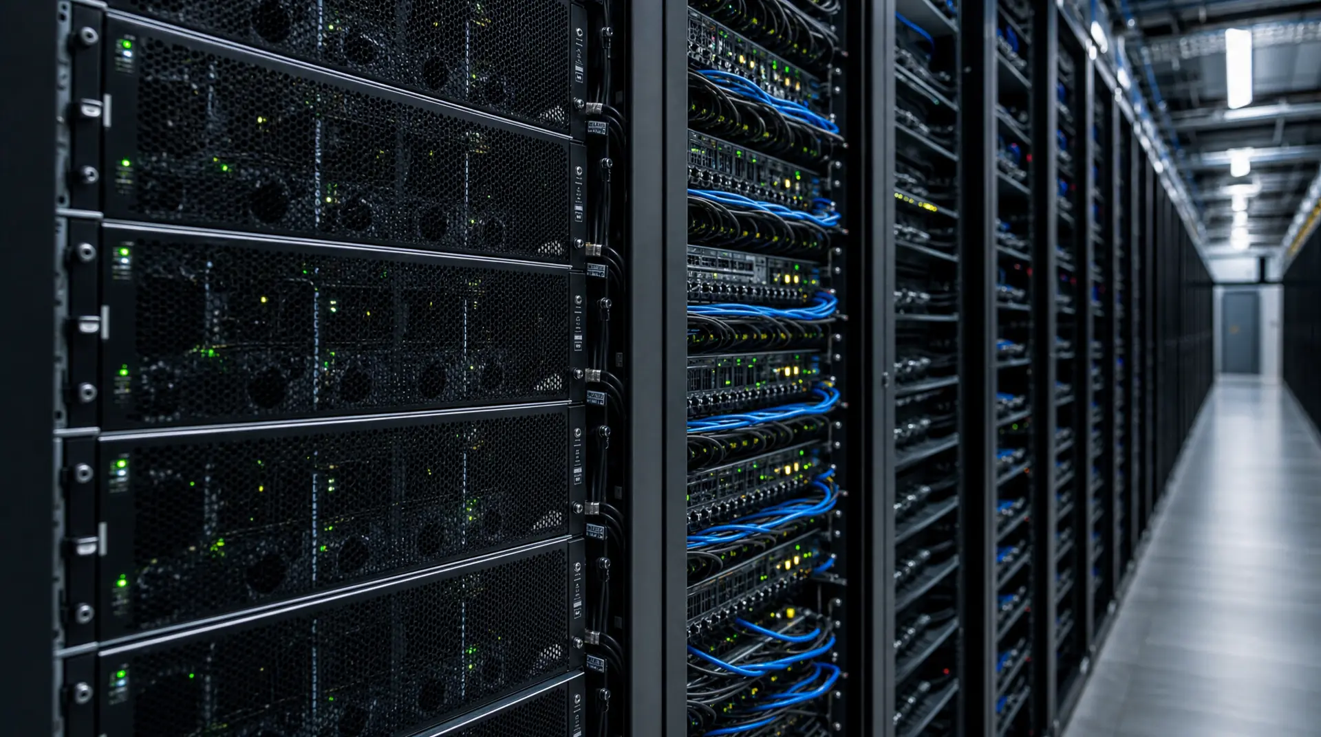 Rows of server racks with glowing status lights in a data center corridor, reflecting tech marketing strategy