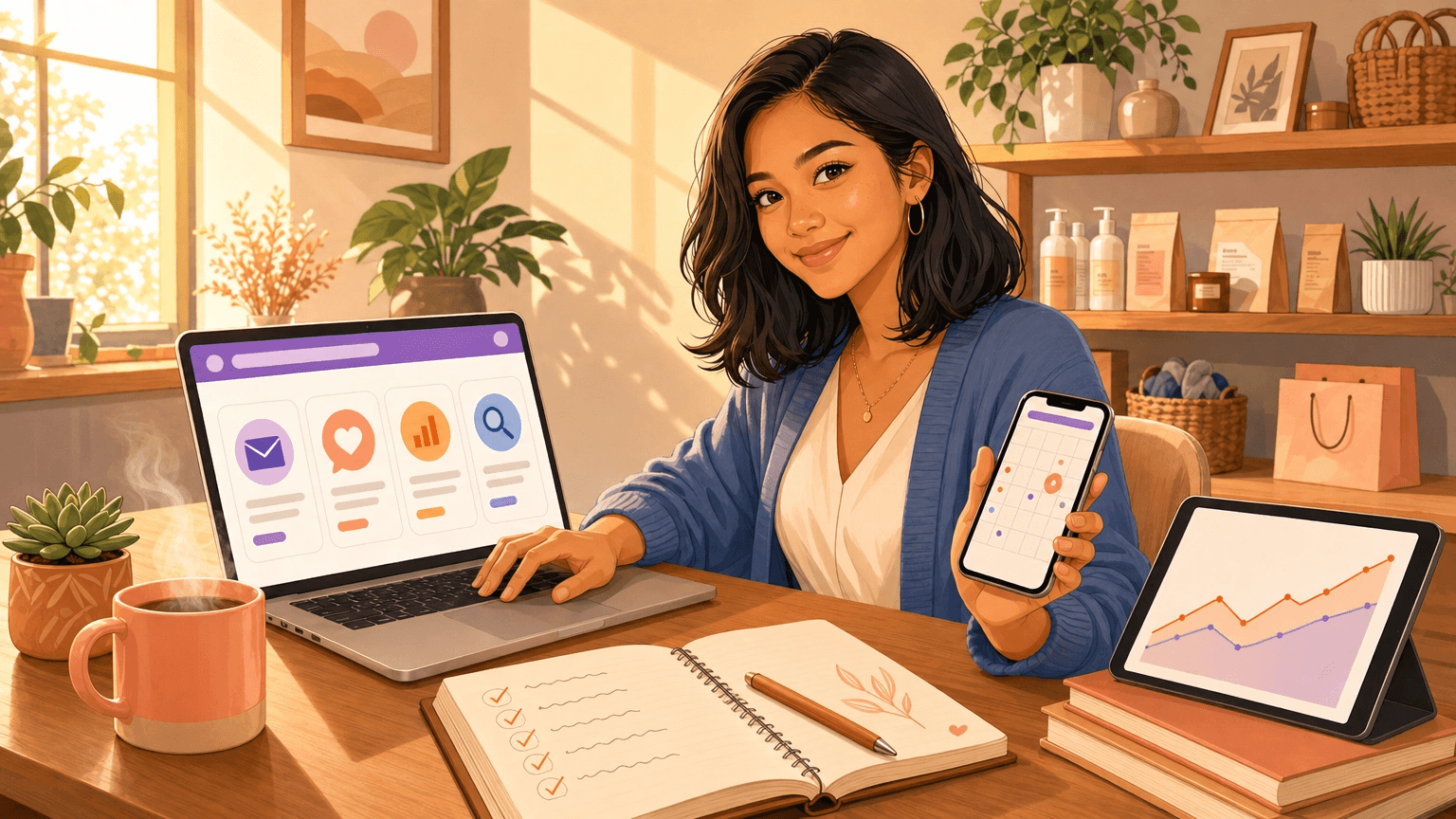 Young female small business owner in a warmly lit boutique compares digital marketing tools at a wooden desk: her laptop displays colourful tool cards for email, social media, analytics and SEO, while she holds a smartphone showing a social media scheduling calendar, with a tablet displaying a rising growth chart and a notebook with a 14-day checklist beside her.