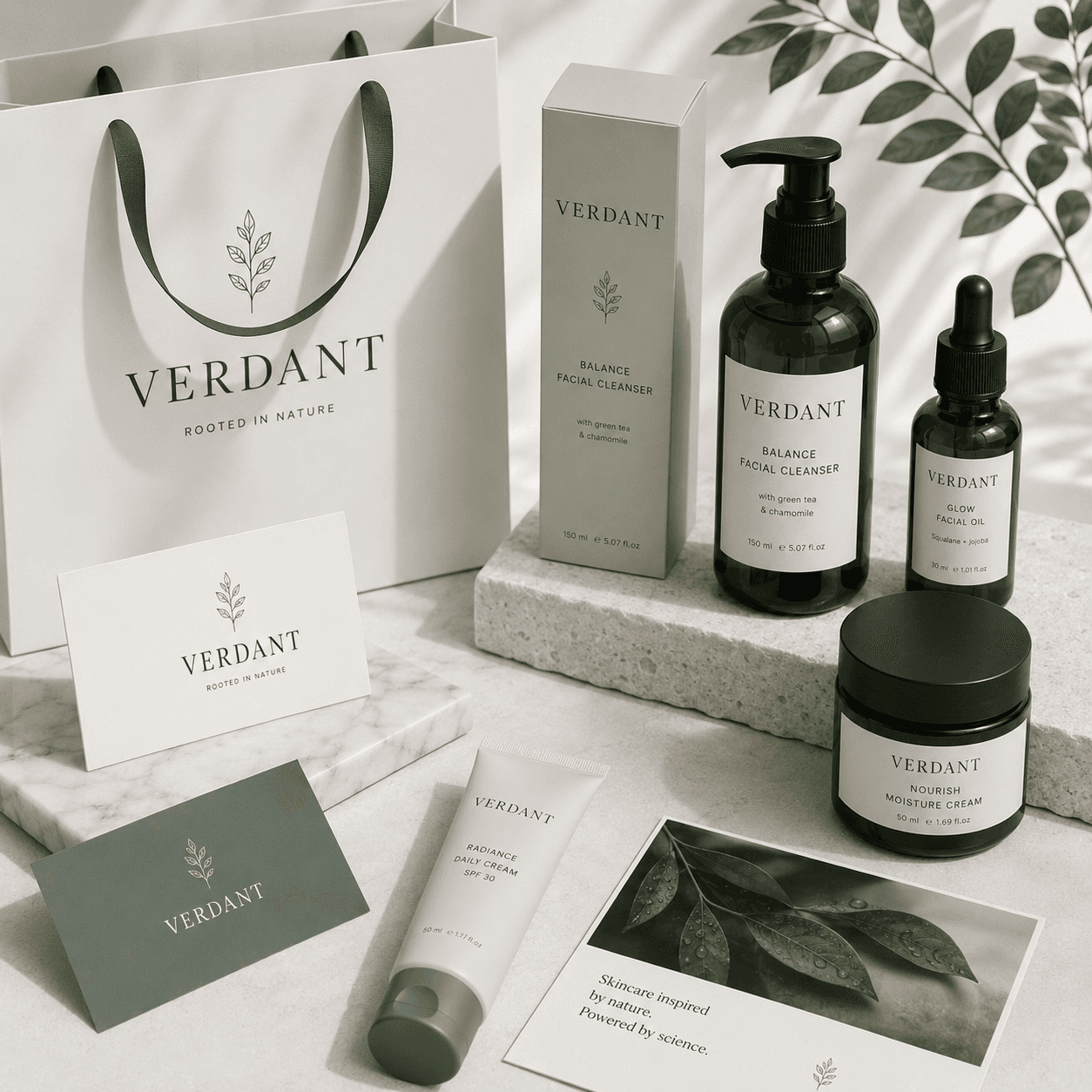 Premium skincare product lineup featuring Verdant cleanser, facial oil, daily cream, and moisturizer displayed on marble with botanical accents and soft natural lighting.