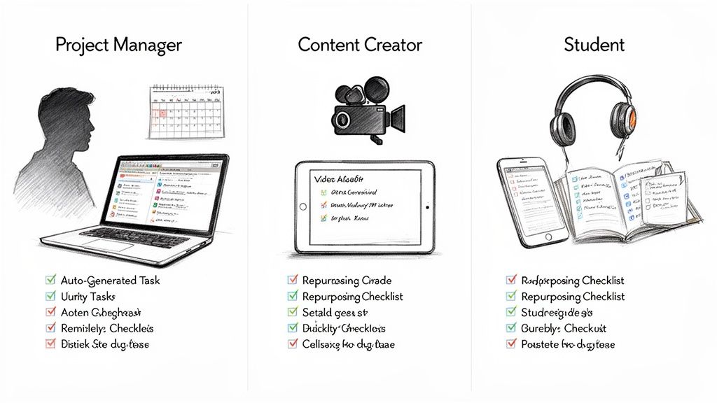 Three panels show a Project Manager, Content Creator, and Student with their respective tools and task checklists.