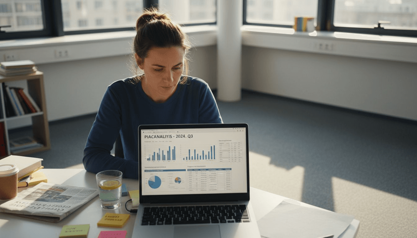 Egy nő piackutatási adatokat elemez az irodájában.