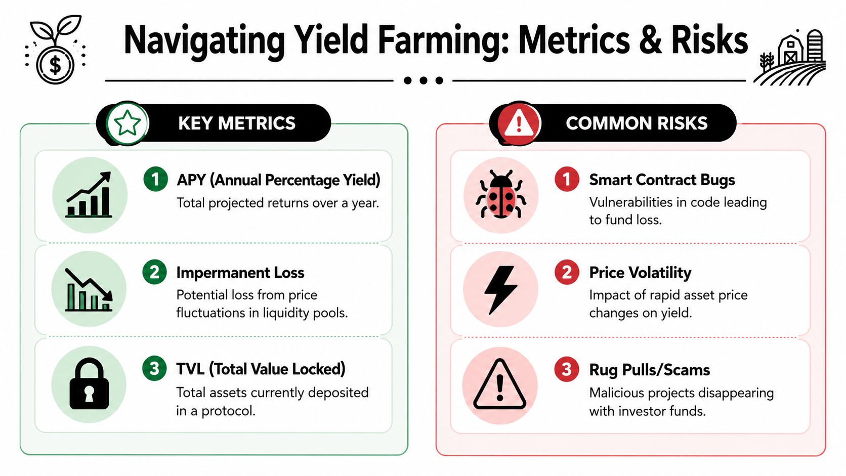An infographic titled Navigating Yield Farming: Metrics and Risks, listing key metrics and common investment risks.