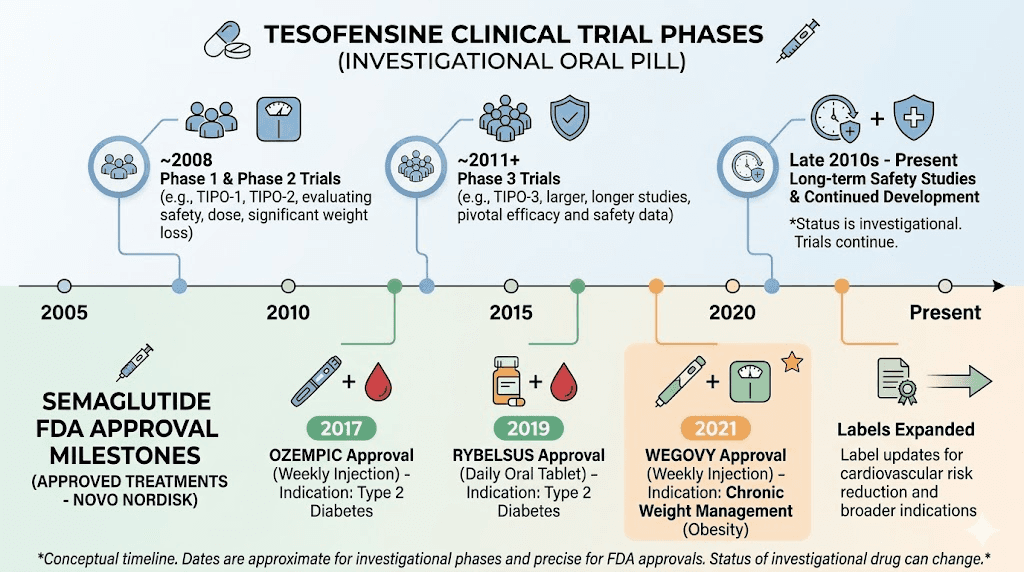 Tesofensine clinical trial timeline vs semaglutide FDA approval history