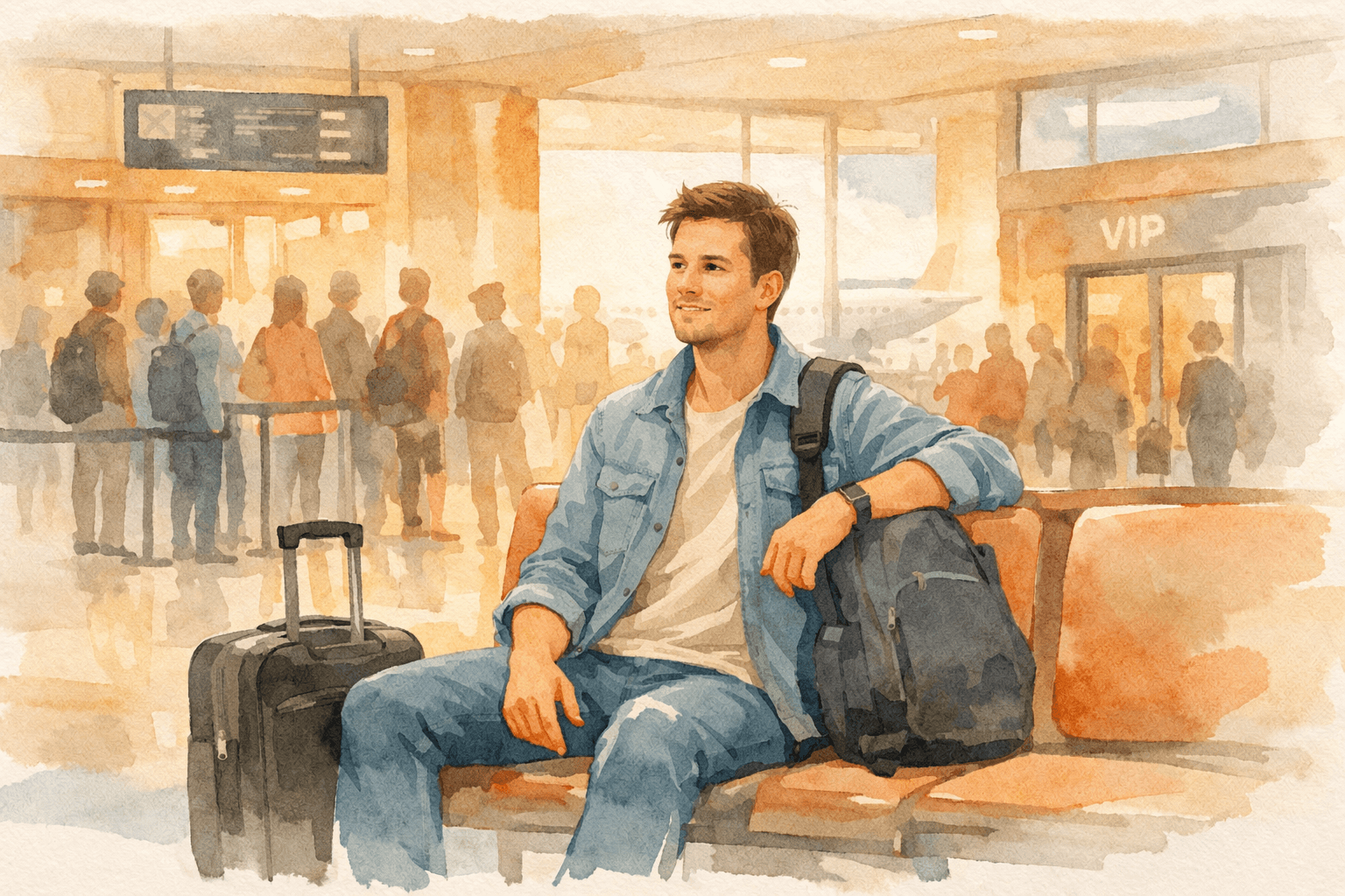 Ilustração em aquarela digital mostrando viajante tranquilo sentado em aeroporto movimentado com mala e mochila, representando decisão estratégica sobre manter status em programa de fidelidade.