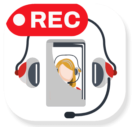 Headset with a phone and 'REC' icon representing the call recording feature.