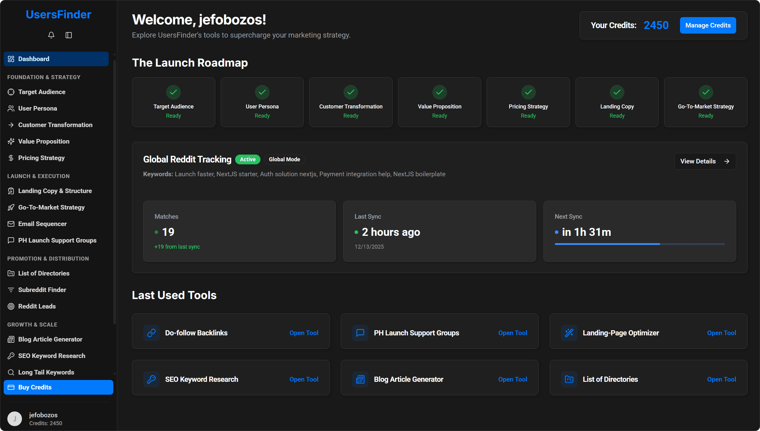 dashboard of a marketing tool for users acquisition