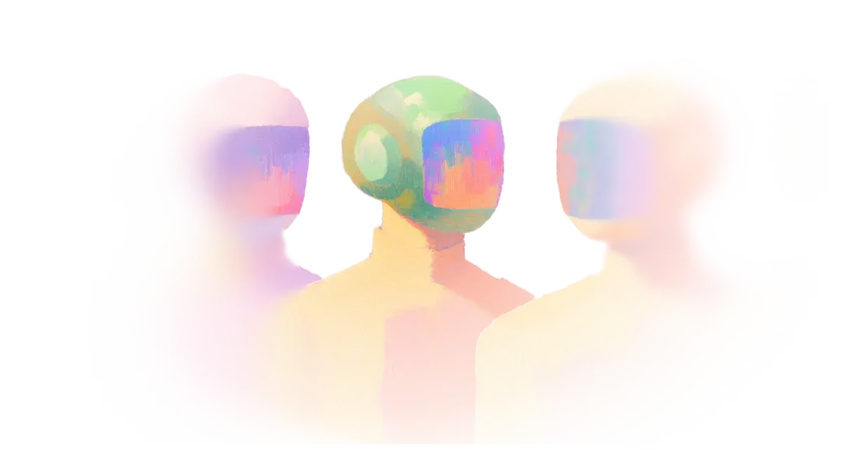 Abstract painting of 3 astronauts in bright colors and reflective visors