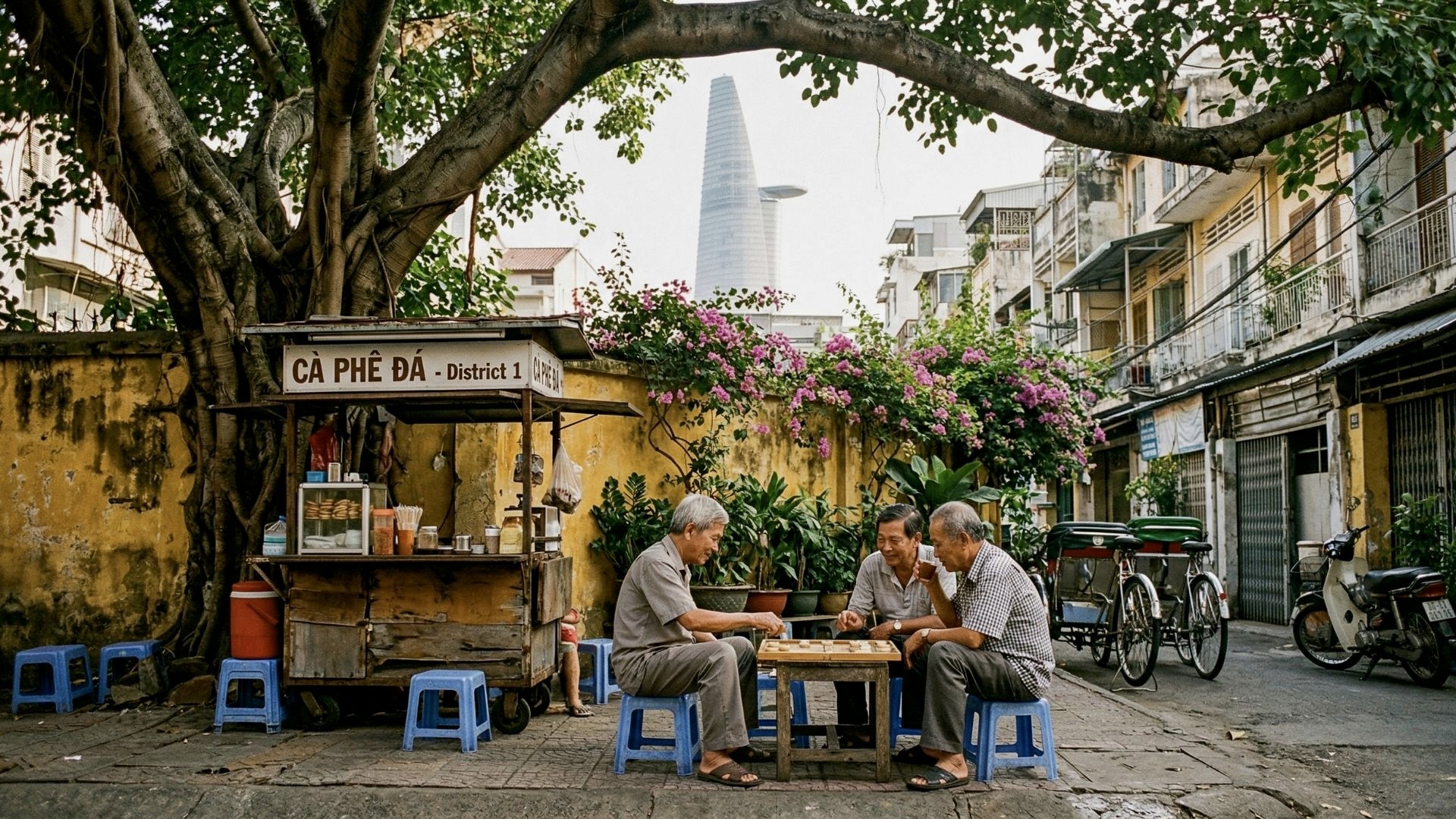 A wholesome street scene in District 1, Ho Chi Minh City, showing three elderly Vietnamese men sitting on blue plastic stools, playing chess and drinking coffee under a large banyan tree. A traditional 'Cà Phê Đá' cart and a yellow wall with bougainvillea frame the group, with the Bitexco Financial Tower in the background. The image symbolizes community, shared wisdom, and mindful connection for therapy workshops.