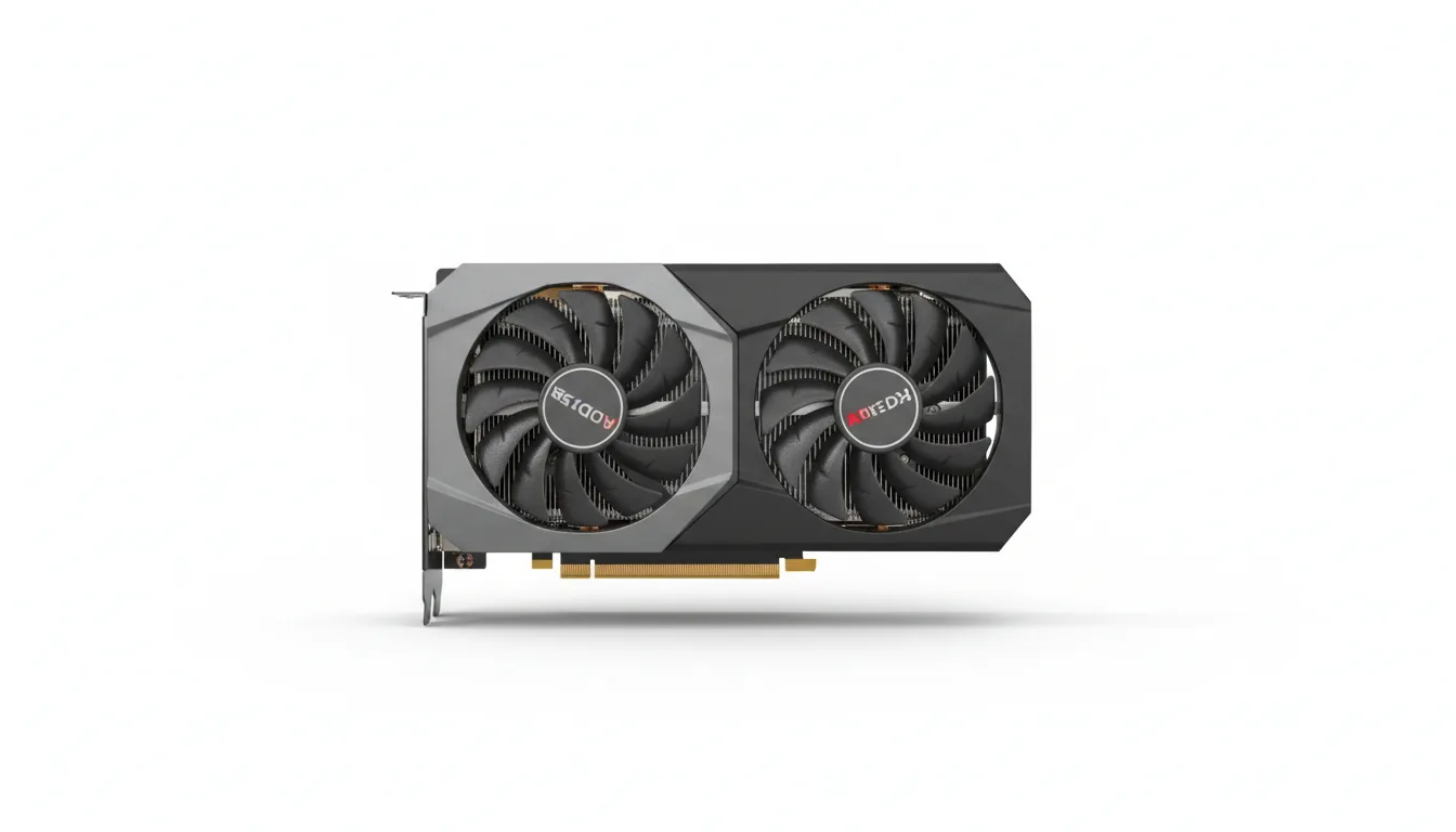 DSLR product photography of a modern AMD Radeon graphics card with a dual-fan design, isolated against a clean white background. Soft studio lighting illuminates the matte dark gray and black plastic shroud, creating subtle highlights and a soft drop shadow. The card is perfectly horizontal, shot straight-on, with the entire object in sharp focus, showing the detailed fan blades and the gold PCIe connector at the bottom.