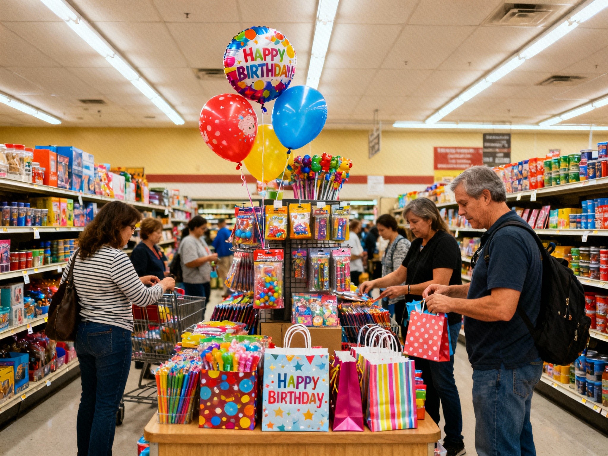 A crisp wide landscape composition of a bustling supermarket aisle during daytime, focusing on a