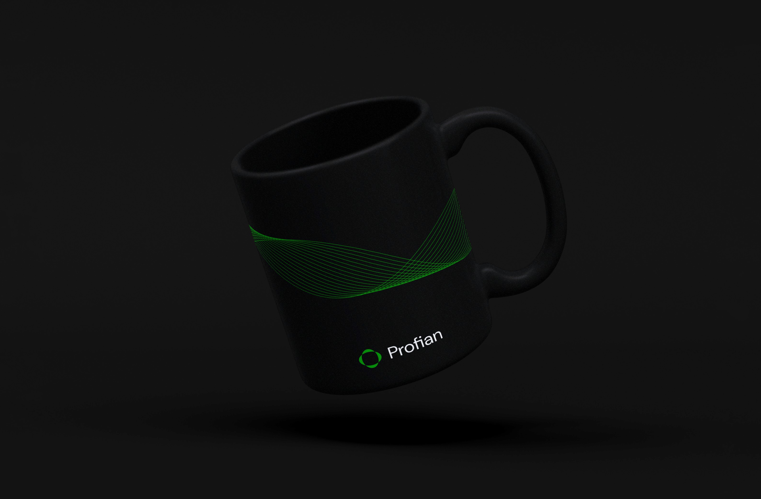 Stylish black mug with green wave design and "Profian" logo for a modern look.