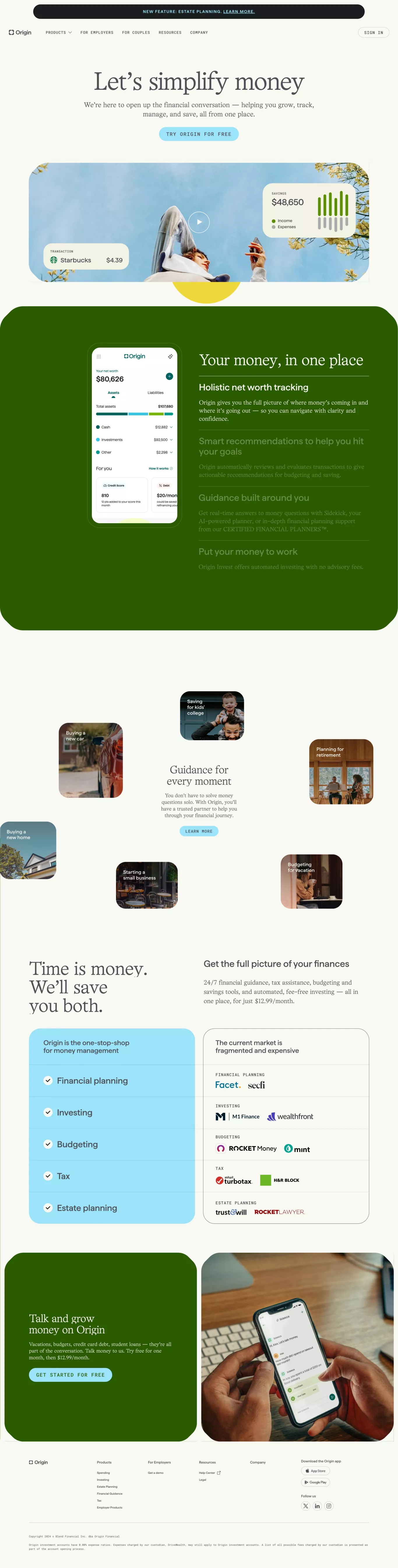 Origin - Let's Talk Money landing page screenshot showcasing Tech and Finance design