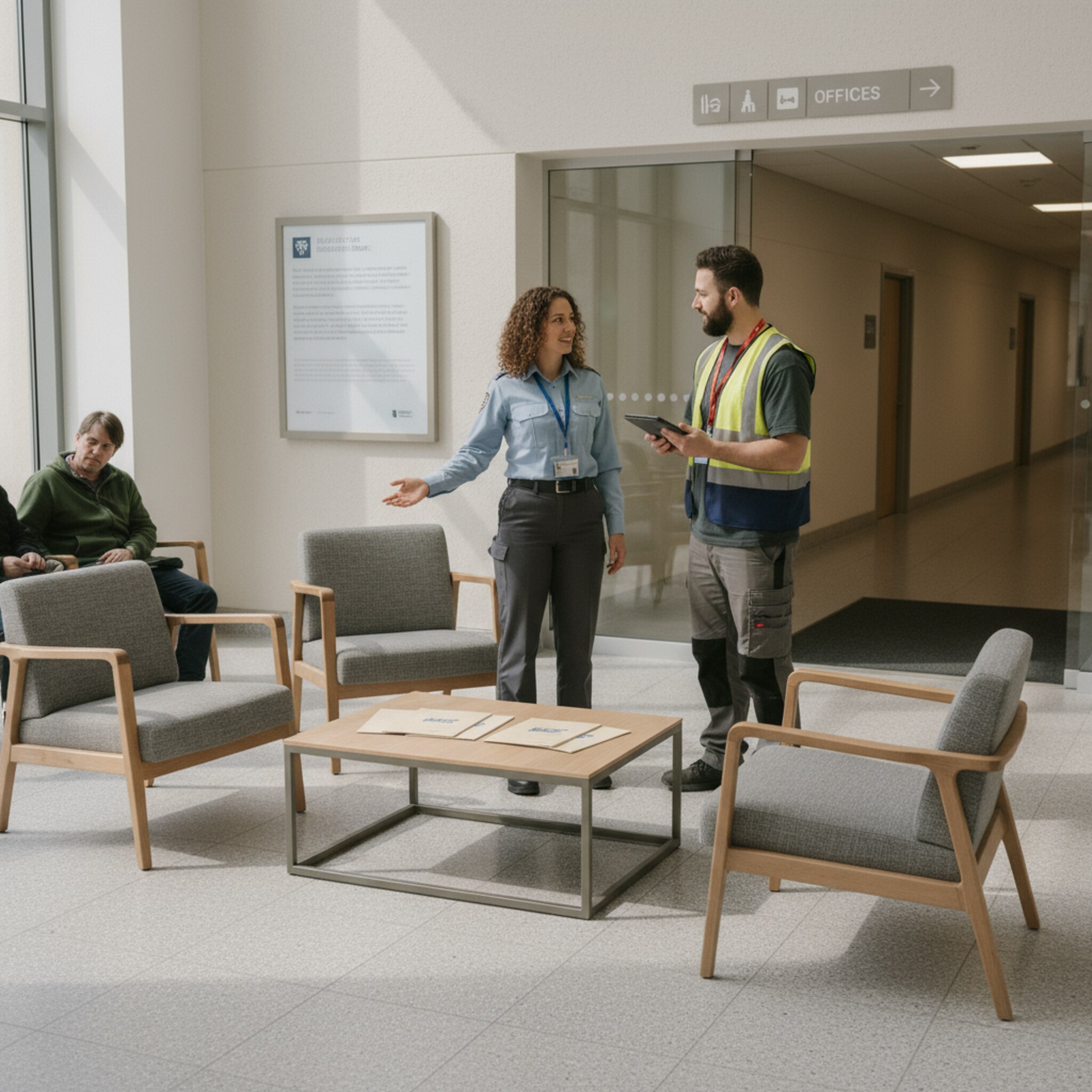 Ein separater Besucherbereich im Erdgeschoss zeigt eine Sitzgruppe mit dezenten Infomappen. Eine Sicherheitskraft erklärt einem Dienstleister ruhig die Verhaltensregeln, beide tragen sichtbare Ausweiskarten. Eine Glastür öffnet den Blick in den Flur zu den Arbeitsbereichen. Das Licht ist freundlich, die Stimmung kontrolliert.