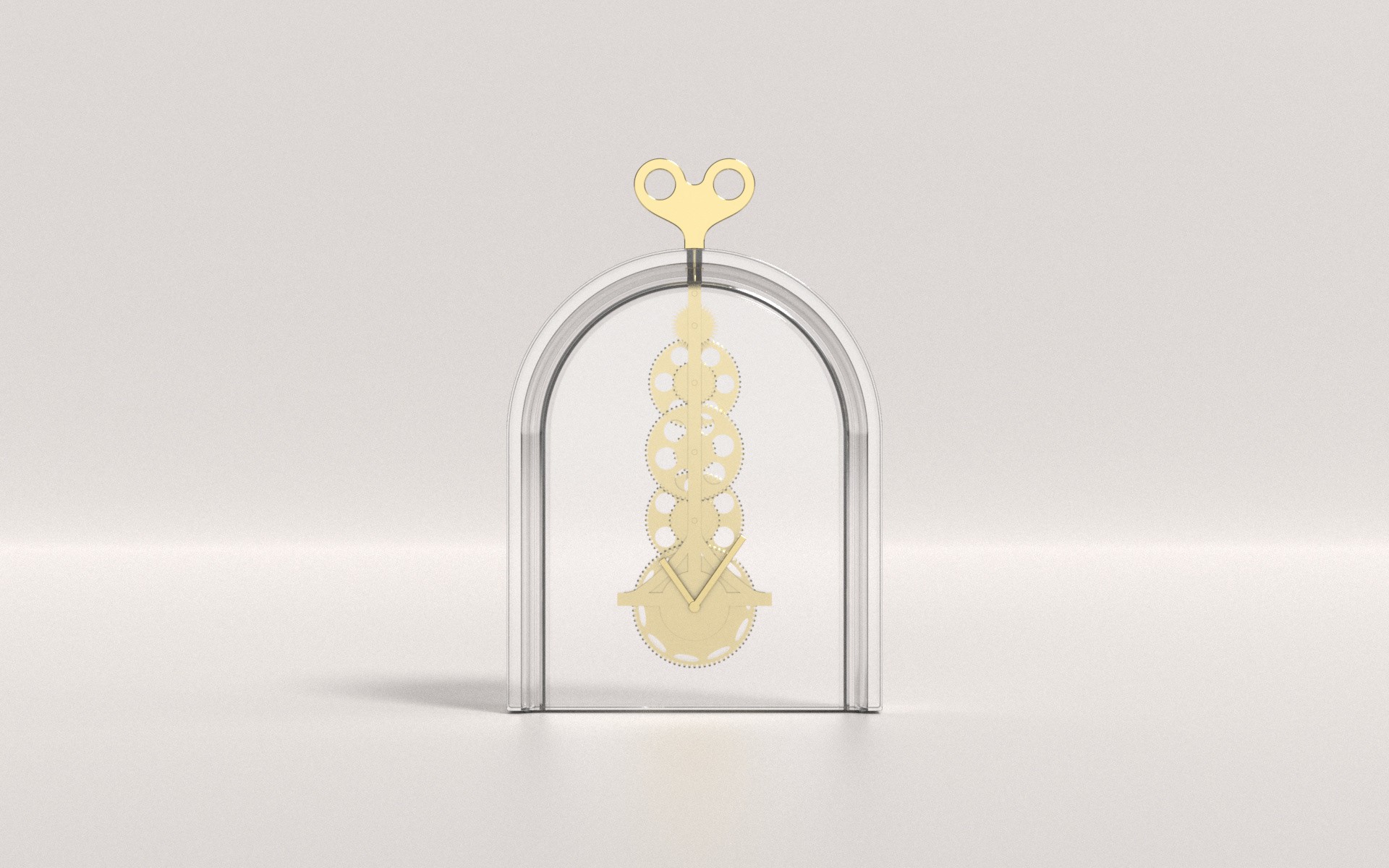 an image of a mechanical clock encased in a glass body with a wind up mechanism on top designed bu Lukas Avenas