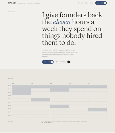 Virtual assistant website built with AI showing a serif statement hero and a Monday to Friday week grid with the assistant's hours filled in ink blue