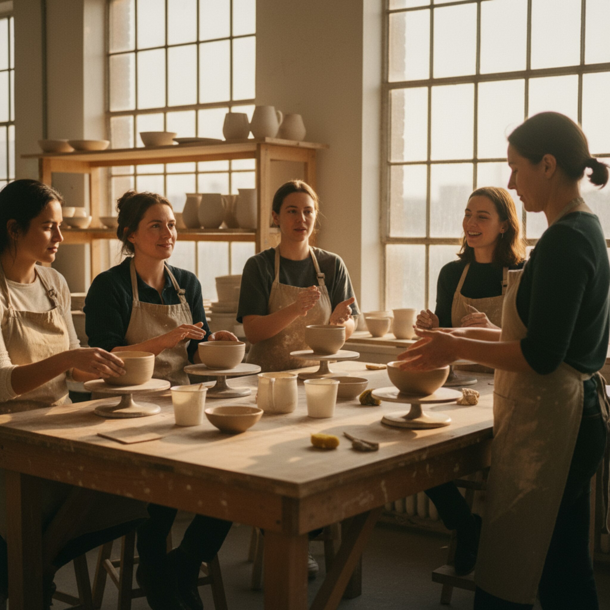Ein helles Keramikstudio am späten Nachmittag: Eine kleine Gruppe Kolleginnen und Kollegen sitzt um einen großen Tisch, Hände leicht mit Ton bedeckt, lachen und konzentrieren sich auf ihre frisch gedrehten Schalen. Sonnenlicht fällt durch große Fenster, trocknende Werke auf Regalen, eine Instruktorin zeigt ruhig einen Handgriff.