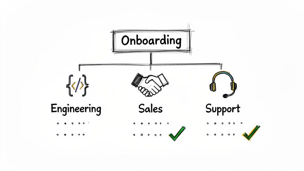 A whiteboard diagram illustrating 'Onboarding' with branches for Engineering, Sales (completed), and Support (completed).