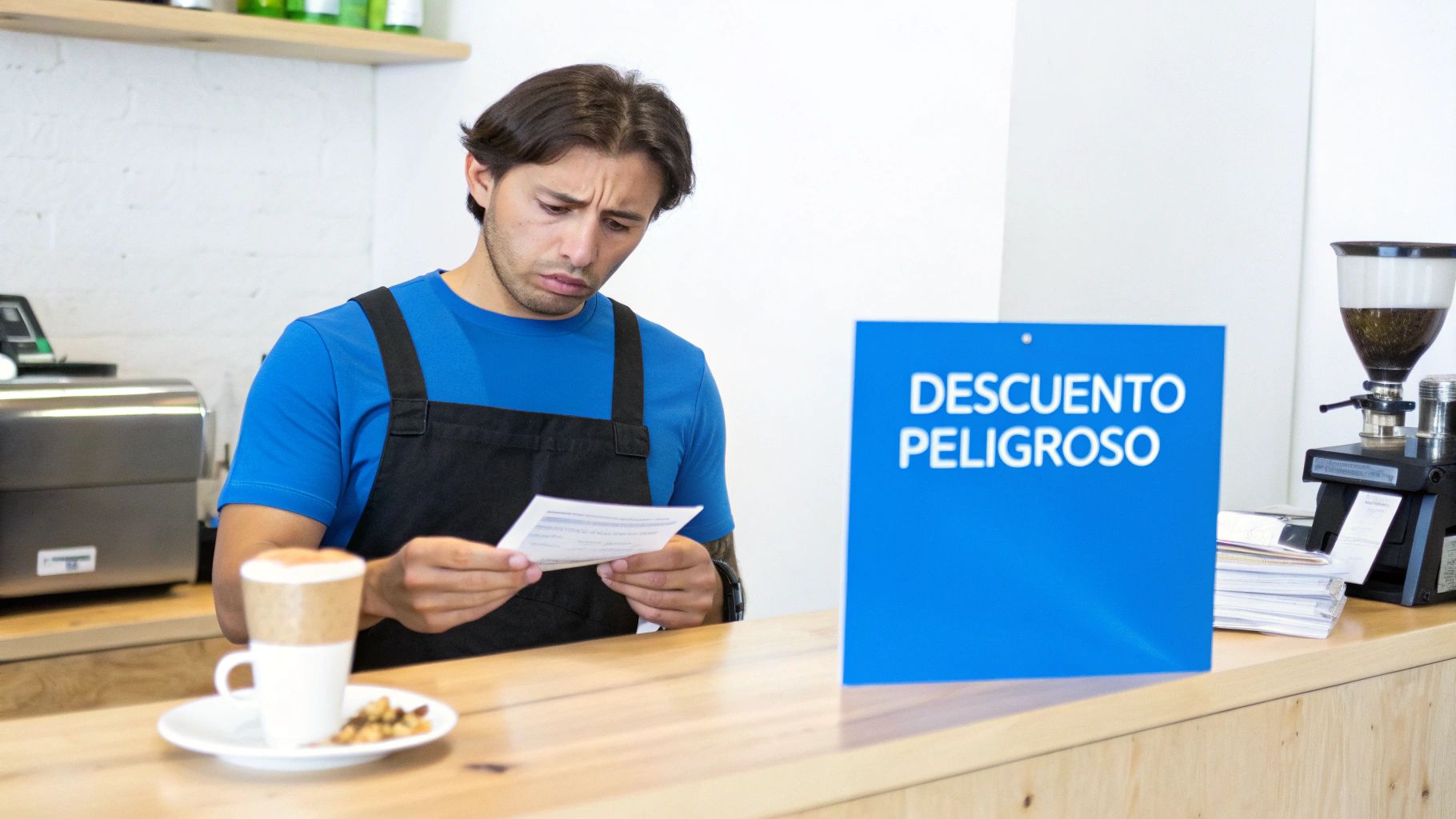 Barista confundido lee un documento junto a un letrero que dice 'DESCUENTO PELIGROSO' en una cafetería.
