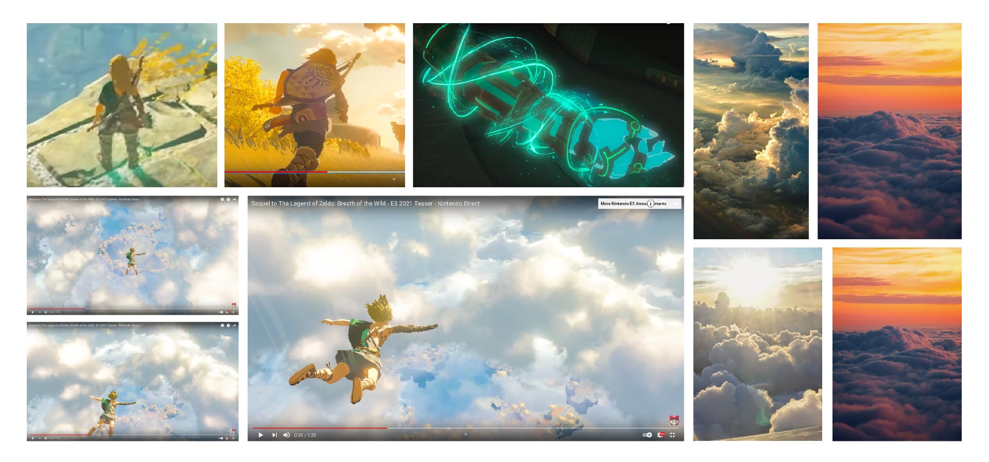 Reference board built from the Breath of the Wild sequel teaser, Link's clothing, cloud studies, and color references.