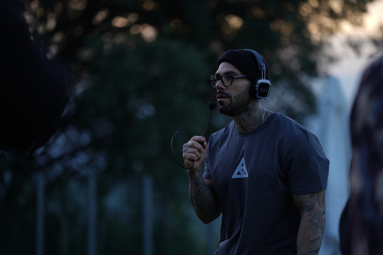 Drone shot of a running track at night