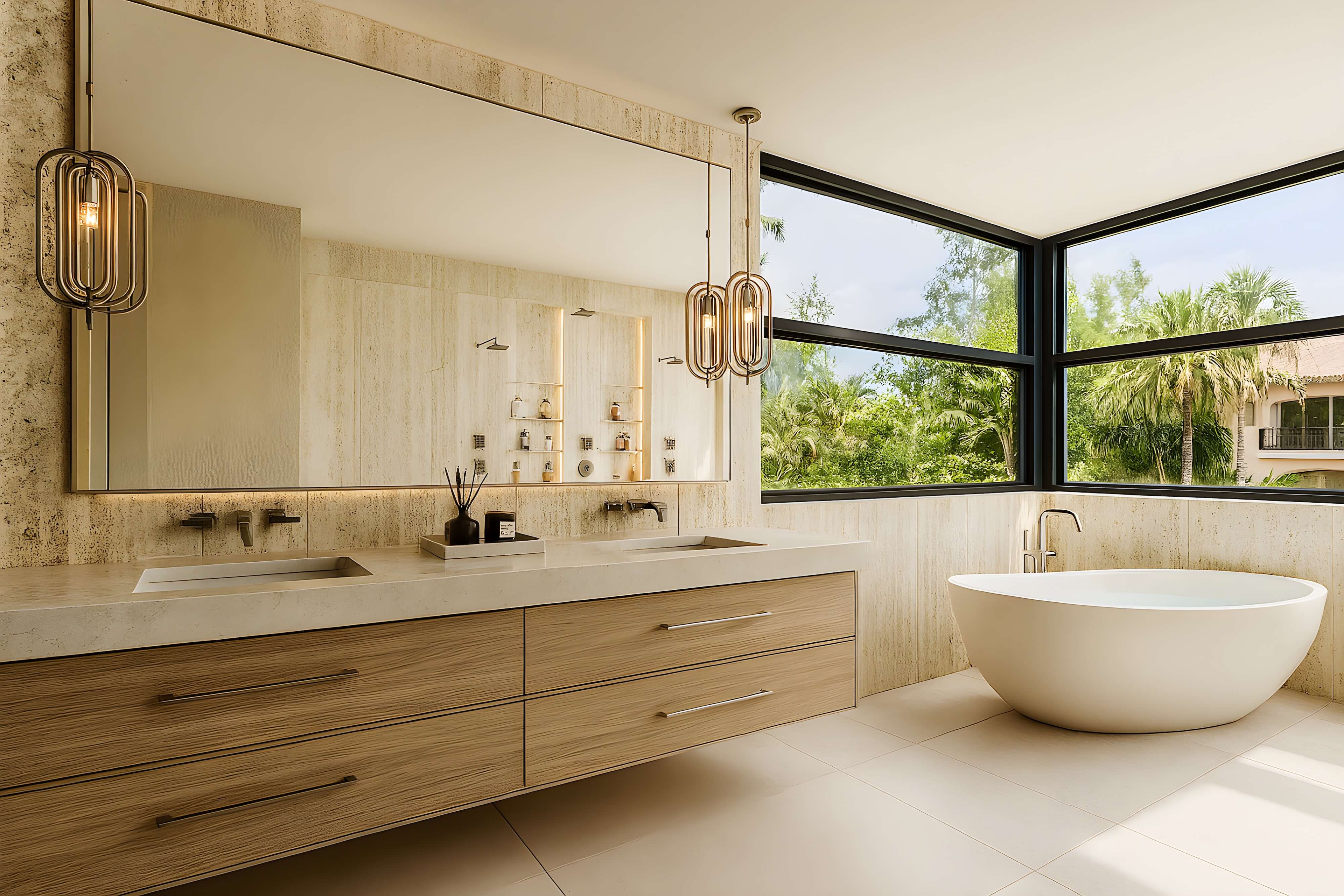 Modern bathroom with a floating double vanity in natural wood tones, expansive backlit mirror, statement pendant lighting, and a white freestanding tub set beside floor-to-ceiling corner windows with lush tropical views.