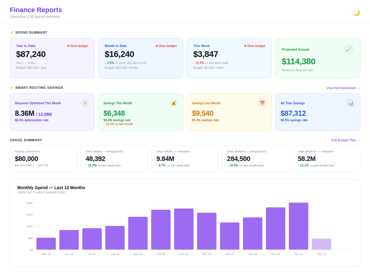 Executive Finance Dashboard — Cloudidr LLM Ops Platform