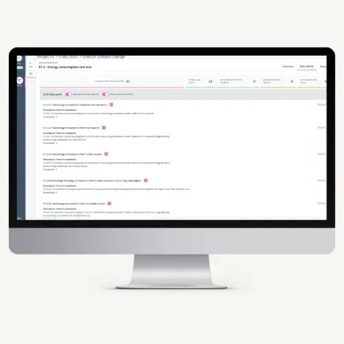 ESRS-datainmatnings- och granskningsspårningsgränssnitt i SustainLab som visar dokumenterade källor och metodik