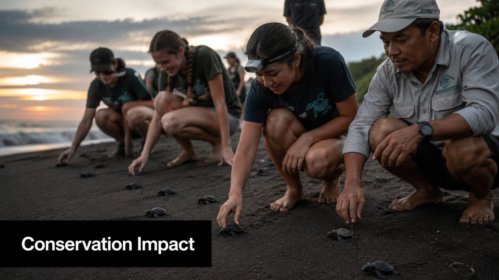A team of conservationists carefully releasing baby sea turtles onto a dark sand beach at sunset.