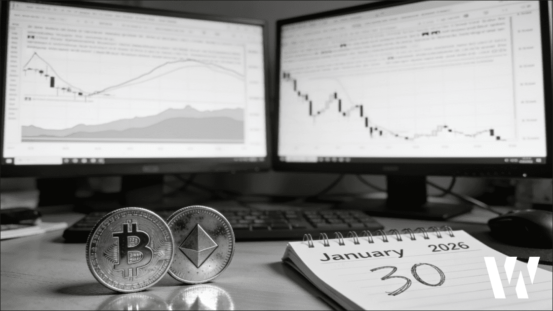 Monochrome crypto trading desk with metal BTC/ETH coins in the foreground.